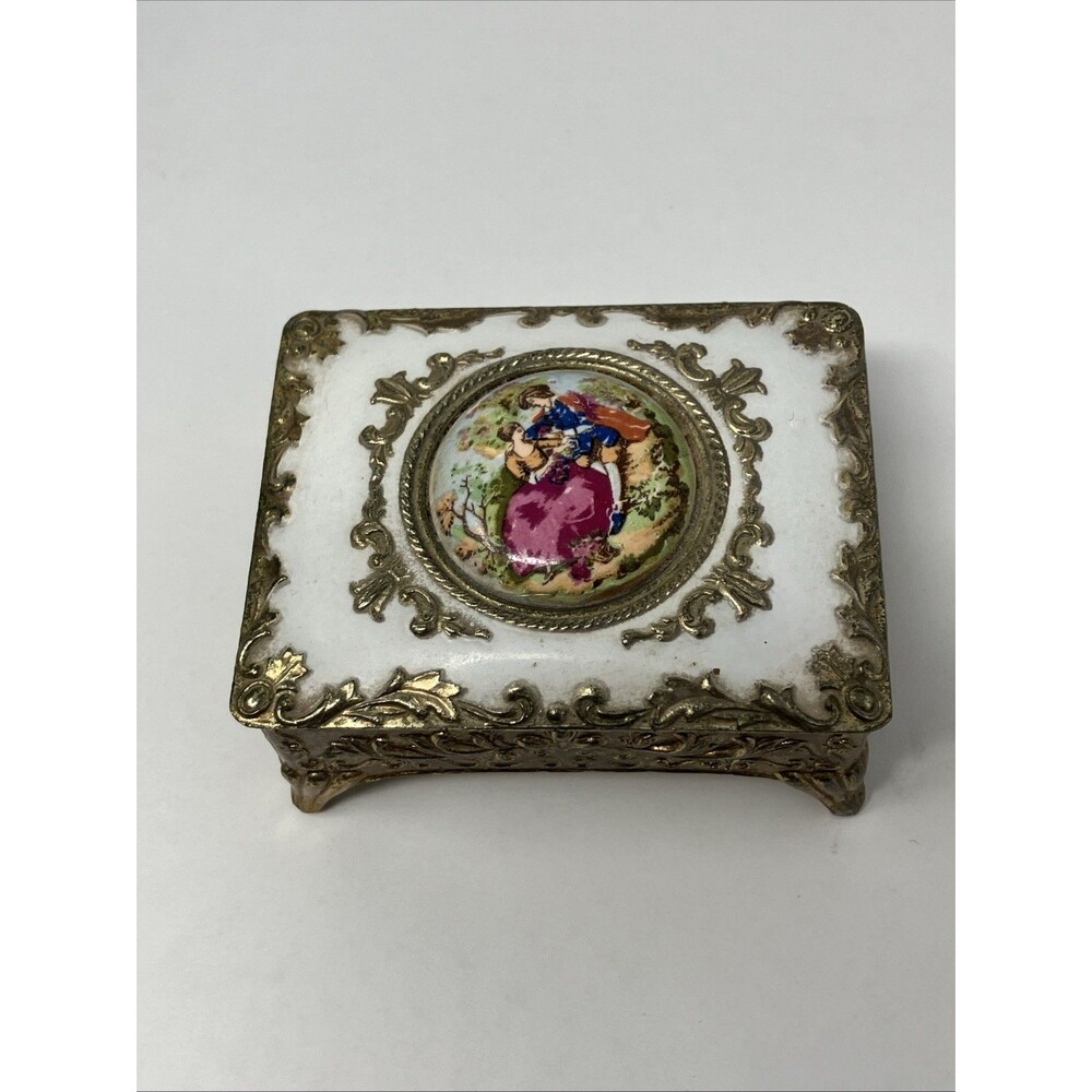 Vintage Victorian Old World Footed Trinket Box Vanity Japan Red Velvet Lined